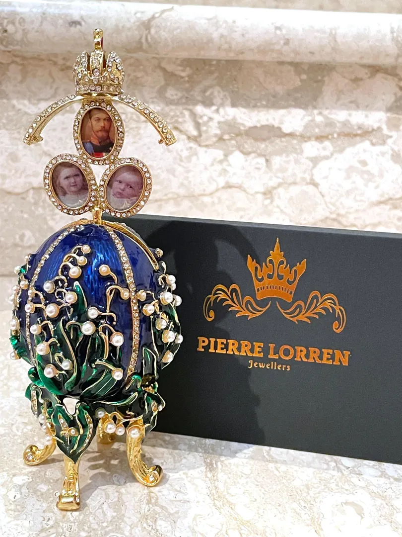 Sapphire Blue Imperial Egg Fabergé Egg Style Gold Swarovski Eggs Birthday Christmas Graduation Gift Box Wisdom Luck Handmade by Pierre Lorren