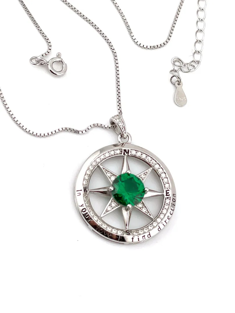 2ct Emerald Necklace - Diamond Emerald Pendant - Compass Necklace Pendant 18k White Gold Silver Handmade Certified Emerald Jewelry for Women