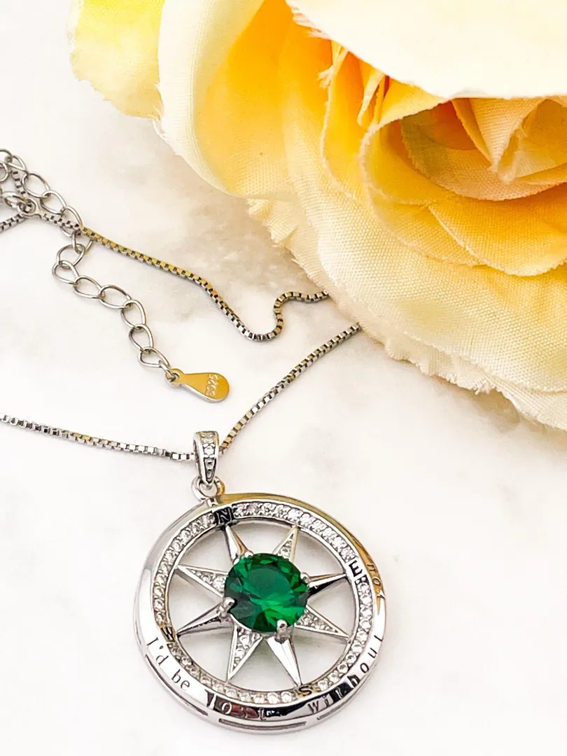 2ct Emerald Necklace - Diamond Emerald Pendant - Compass Necklace Pendant 18k White Gold Silver Handmade Certified Emerald Jewelry for Women