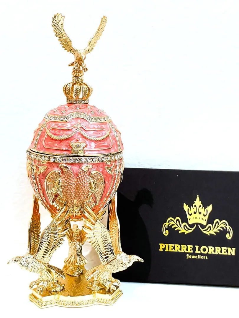 Unique Fabergé Egg Pink Faberge Egg Music Box WISDOM Faberge Trinket Box Pure Gold Decor Austrian Crystal Diamonds Handmade by Pierre Lorren.