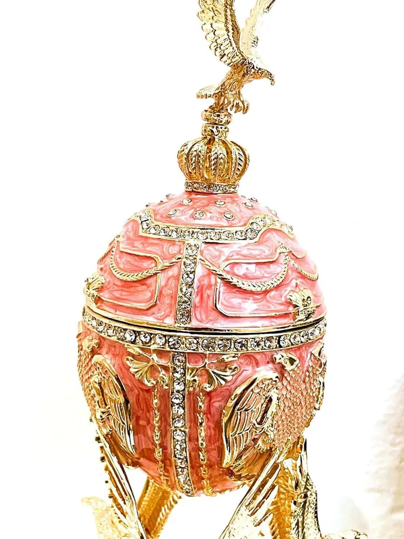 Unique Fabergé Egg Pink Faberge Egg Music Box WISDOM Faberge Trinket Box Pure Gold Decor Austrian Crystal Diamonds Handmade by Pierre Lorren.