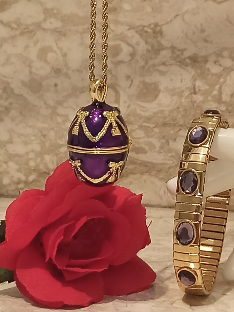 One of a Kind Faberge Egg Style Faberge Necklace Amethyst Bracelet Purple Faberge Egg Musical Carousel Horse 24k Gold Handmade Fabergé Egg