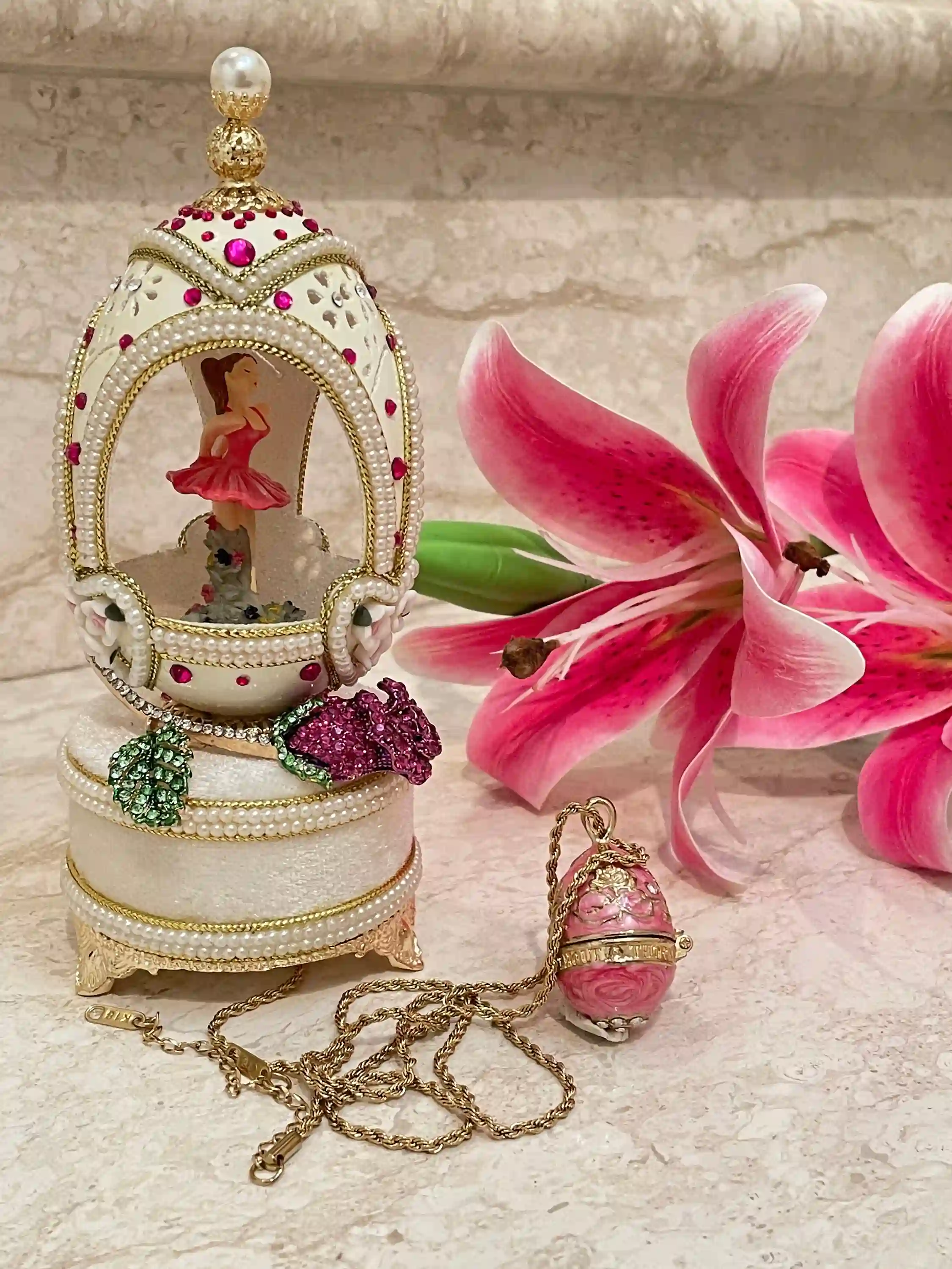 Luxurious 18th birthday Gift for Granddaughter 2005 PINK Faberge-Style Egg Music Box & Faberge-Style Egg Style NECKLACE BALLET Gift for Ballerina Ballet 