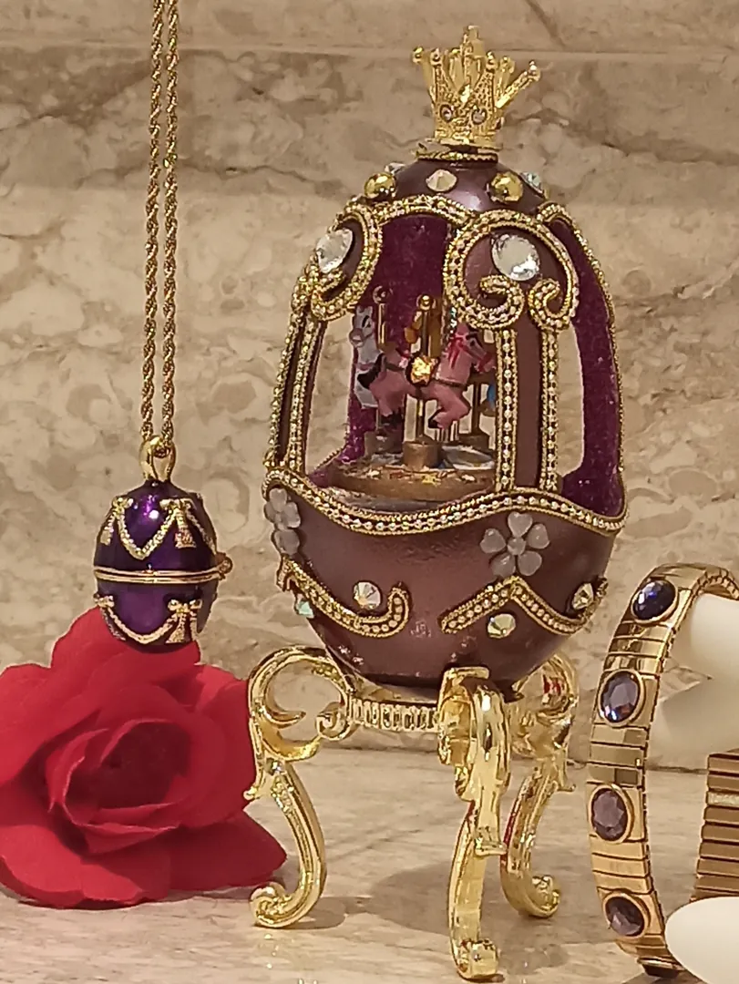 One of a Kind - Fabergé Egg Style Musical Carousel Horse Fabergé Necklace - Amethyst Bracelet - Purple Fabergé Egg 24k Handmade Fabergé Egg