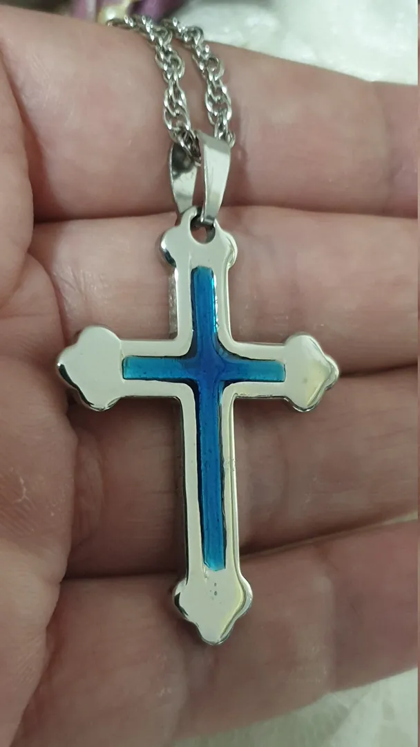 Something Blue Cross Pendant Necklace/Religious Jewelry SILVER Christian Cross LONG Necklace gift for women HANDMADE / Chain 16