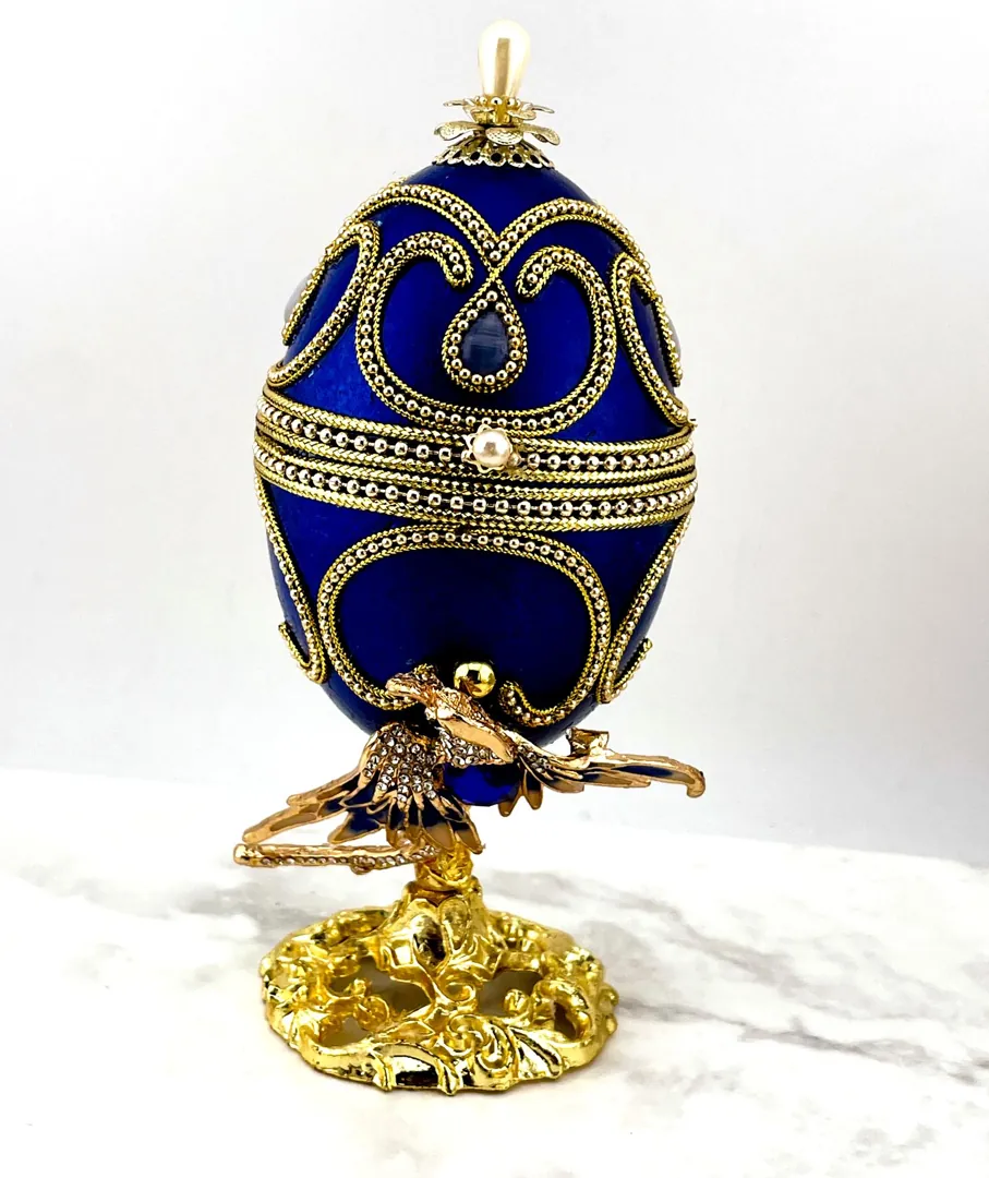 1980 Faberge Egg Sapphire Blue Bird Natural Fabergé Egg Pure Gold Decor 45th Wedding Anniversary Gift for Parents 45th Birthday Gift for Her