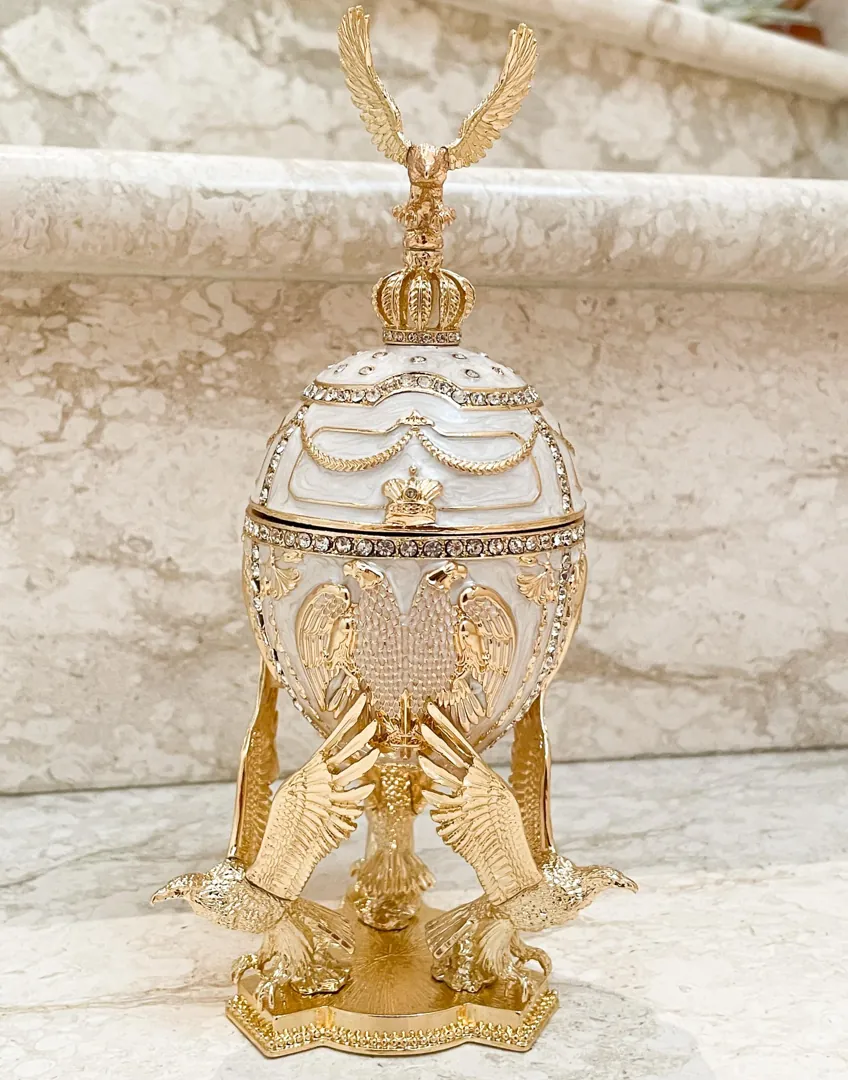 Pierre Lorren Fabergé Egg - White Fabergé Egg Music Box, Fabergé Trinket Box, Fabergé Music Box, Pure Gold Decor, Austrian Crystal, Wisdom Gifts.