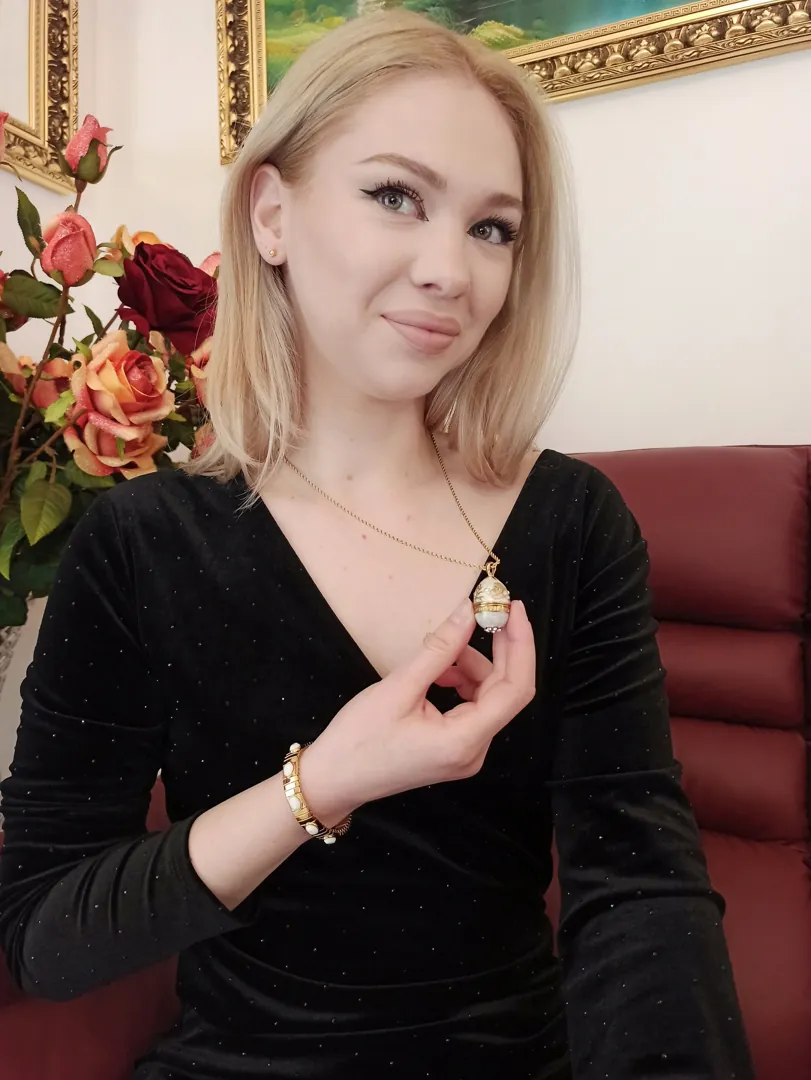 Luxury Faberge Egg Pendant Locket White Faberge Egg Necklace Set 24k Gold Fabergé Jewelry Austrian Crystal Handset + Gold White Bracelet