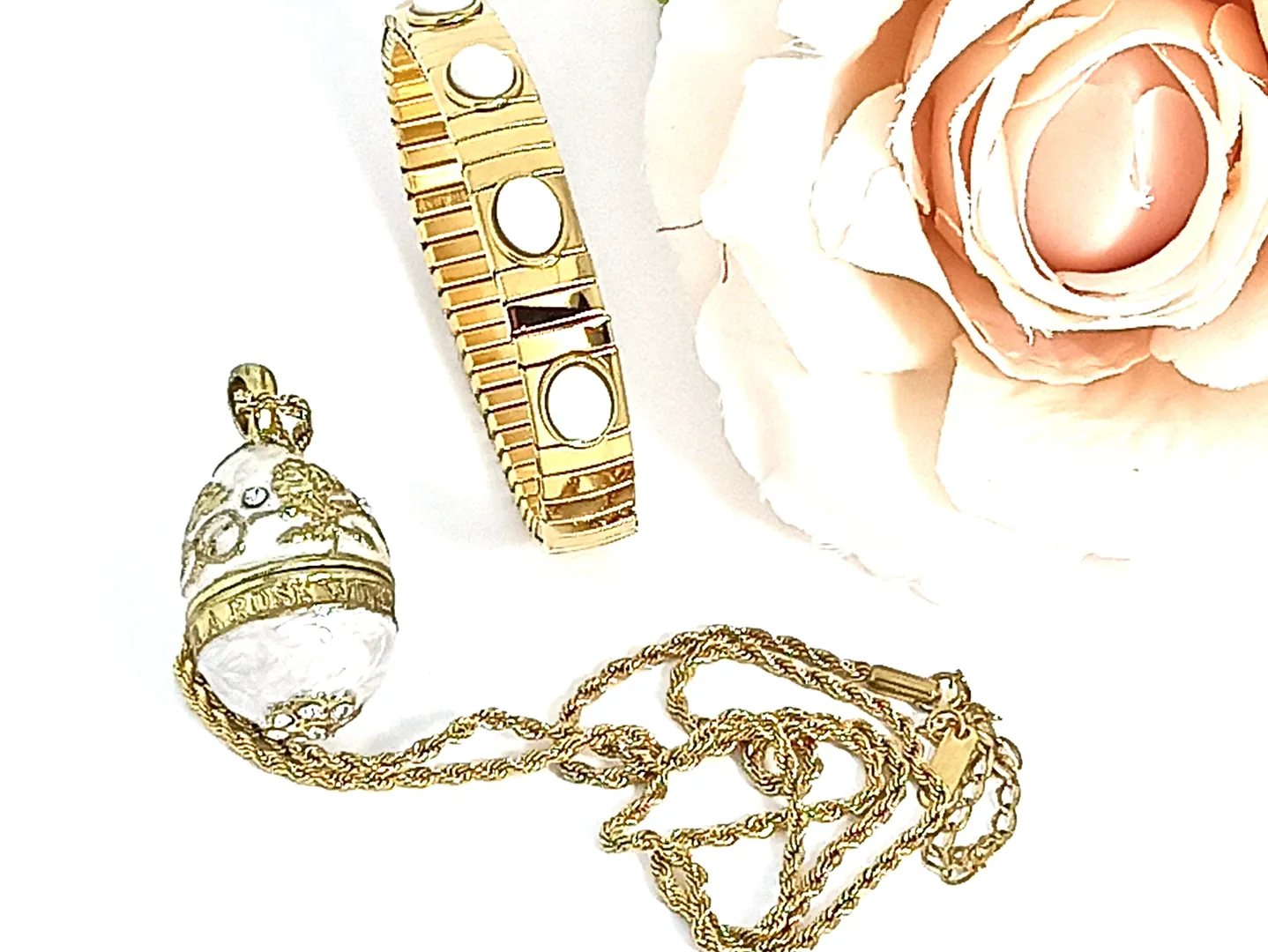 Luxury Faberge Egg Pendant Locket White Faberge Egg Necklace Set 24k Gold Fabergé Jewelry Austrian Crystal Handset + Gold White Bracelet