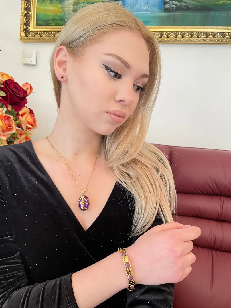 24k Fabergé Style Imperial Egg Necklace Set - Fabergé Egg Amethyst Necklace Gold - Fabergé Egg Pendant Necklace Handmade Jewelry Mother Gift