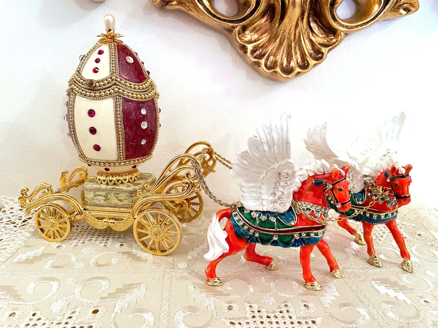 2001 Vintage Faberge Style Egg - Faberge Egg Music Box - 24k Gold - Handcarved Egg - Swarovski Diamond Handset - Fabergé Egg Box for Wedding
