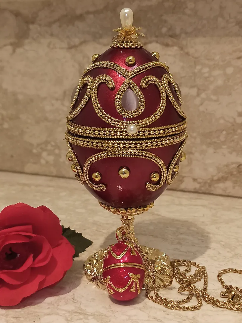 Vintage Rose Faberge Egg Jewelry Box & Faberge Necklace Natural Handcarved Egg Pure Gold Swarovski Wedding Day 1986 Anniversary Wife Gift