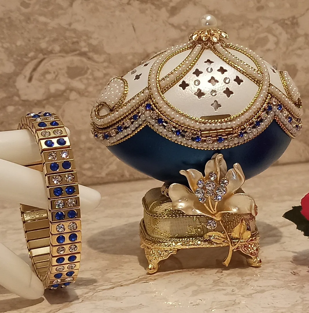 1986 Faberge Egg Music box Natural Egg Faberge style Egg + Faberge Necklace Birthday Wife Gifts Fabergé Egg Emerald Handmade Vintage Egg