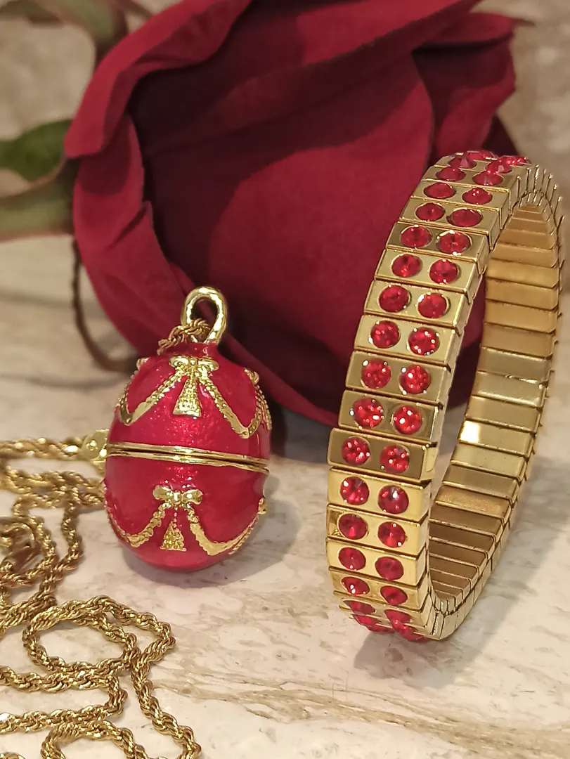 Designer Ruby Red Faberge Egg Necklace Bracelet Set, 24k Gold, Handmade Jewelry, Faberge Egg Style, Birthday Fiance, Anniversary Gift for Wife.