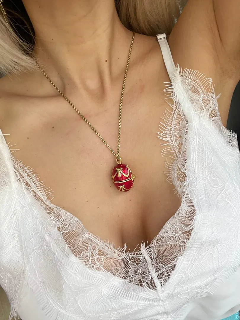 Designer Ruby Red Faberge Egg Necklace Bracelet Set, 24k Gold, Handmade Jewelry, Faberge Egg Style, Birthday Fiance, Anniversary Gift for Wife.