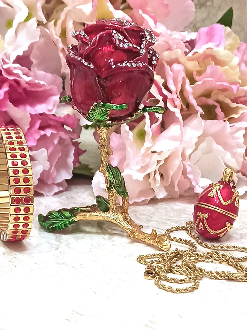 7ct Faberge egg, Ruby gift, luxury gift for her, rose jewelry box, Faberge egg necklace, bracelet, 24k gold, handmade, Christmas gift for wife.