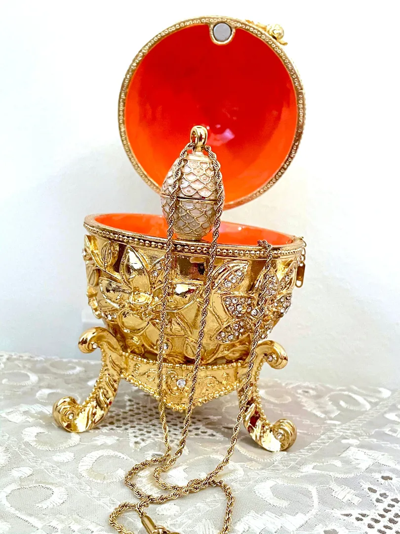 Exquisite Faberge Egg GOLD 24k Fabergé Egg Pendant + Faberge Egg Style Pomegranate + Good Luck Wedding Ring Box 450 Crystal Diamonds Handset