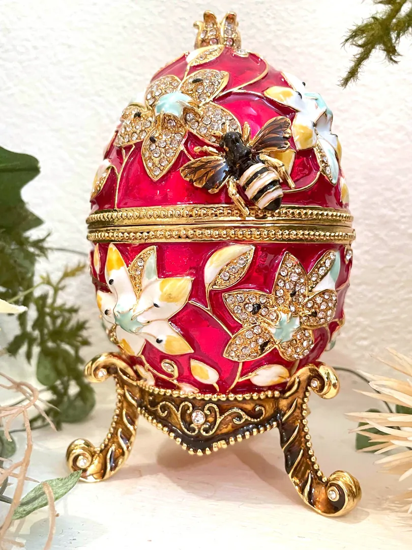 Red Faberge Egg Jewelry Box Pomegranate Gift + Faberge Egg Necklace 24K Gold Handmade Mother's Day Gift 450 Austrian Crystals Handset 10CT