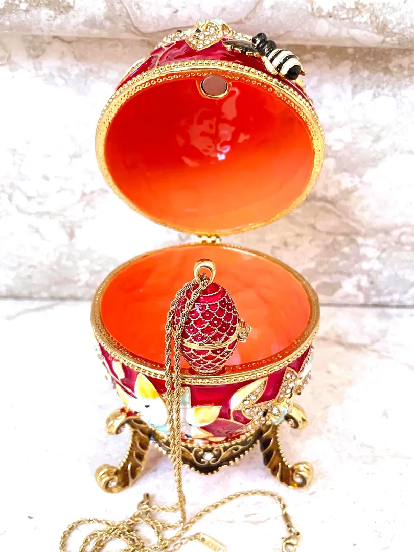 Red Faberge Egg Jewelry Box Pomegranate Gift + Faberge Egg Necklace 24K Gold Handmade Mother's Day Gift 450 Austrian Crystals Handset 10CT