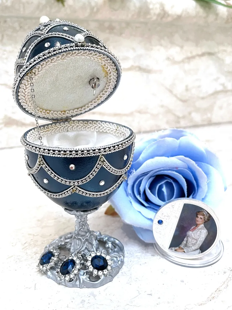 1981 Princess of Wales Fabergé Egg Decorative Boxes Fabergé Egg Jewelry Box + Silver Tiara + Princess Diana Spencer Collectible Coin