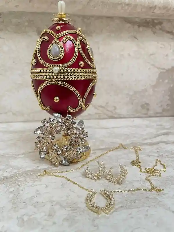 1992 Antique Wreath Faberge style Easter egg Red Faberge Pendant SET One Of A Kind -HANDCARVED Natural Faberge Egg - 24k GOLD - Gift for her 