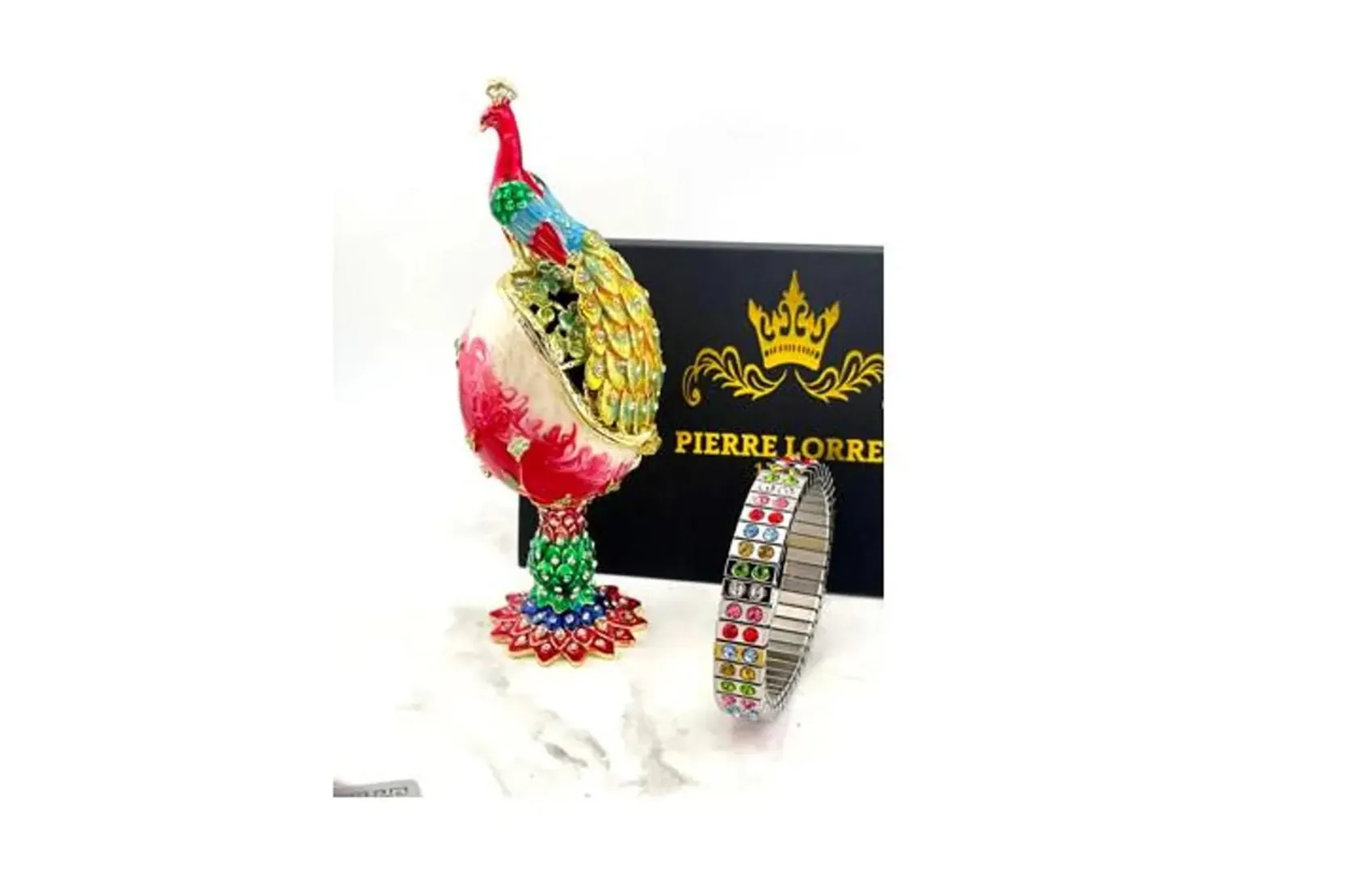 PEACOCK  Designer Faberge Easter Eggs in Russian Faberge style, perfect gift for women. Features Swarovski elements and pure gold decor. Handmade Easter gift by Pierre Lorren.