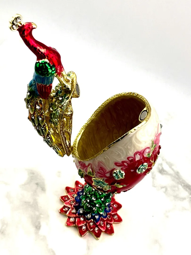 PEACOCK  Designer Faberge Easter Eggs in Russian Faberge style, perfect gift for women. Features Swarovski elements and pure gold decor. Handmade Easter gift by Pierre Lorren.