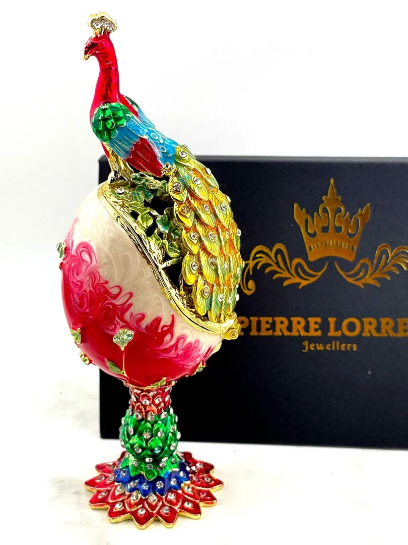 PEACOCK  Designer Faberge Easter Eggs in Russian Faberge style, perfect gift for women. Features Swarovski elements and pure gold decor. Handmade Easter gift by Pierre Lorren.