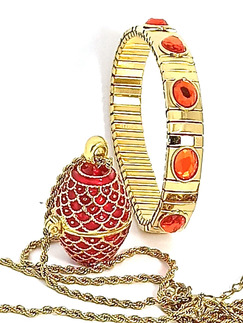Faberge Red Guilloché Sterling Silver Art Deco Faberge Style Egg Pendant 24k Gold 24