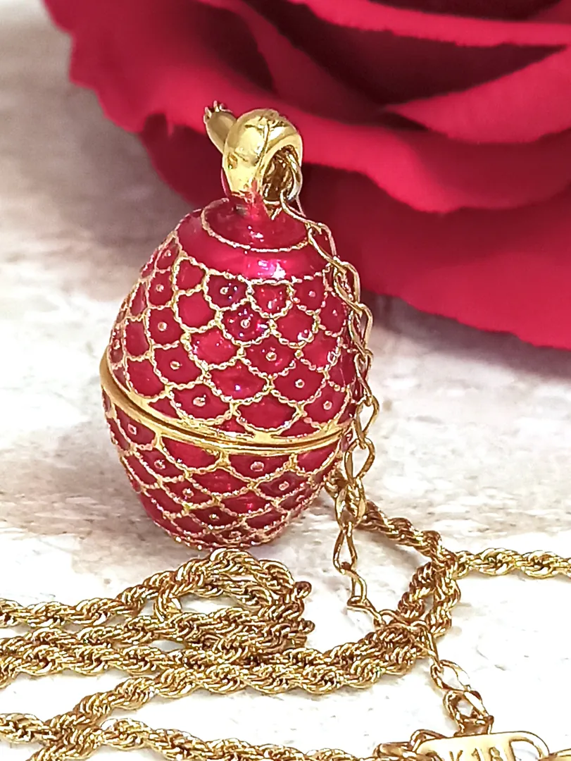 Faberge Red Guilloché Sterling Silver Art Deco Faberge Style Egg Pendant 24k Gold 24