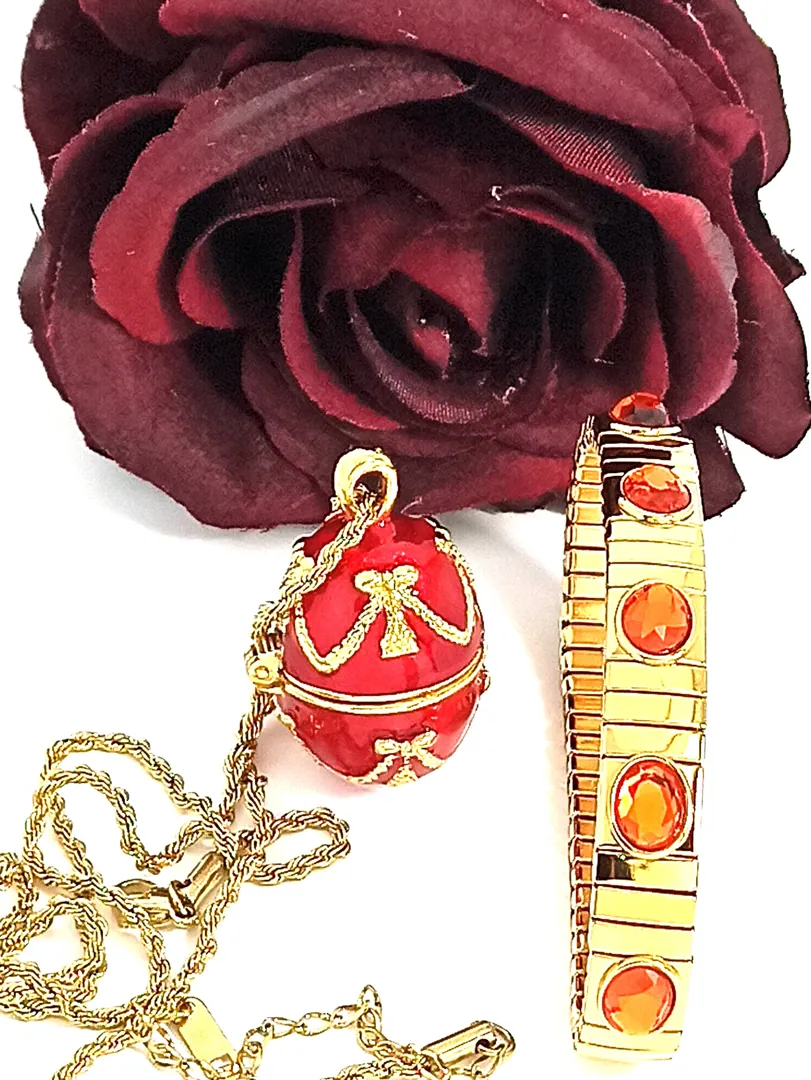 Ruby Red Fabergé Egg Jewelry Fabergé Easter Egg Pendant Necklace Gold 24k Plated Sterling Silver Austrian Crystal Topaz Fabergé Jewelry Set