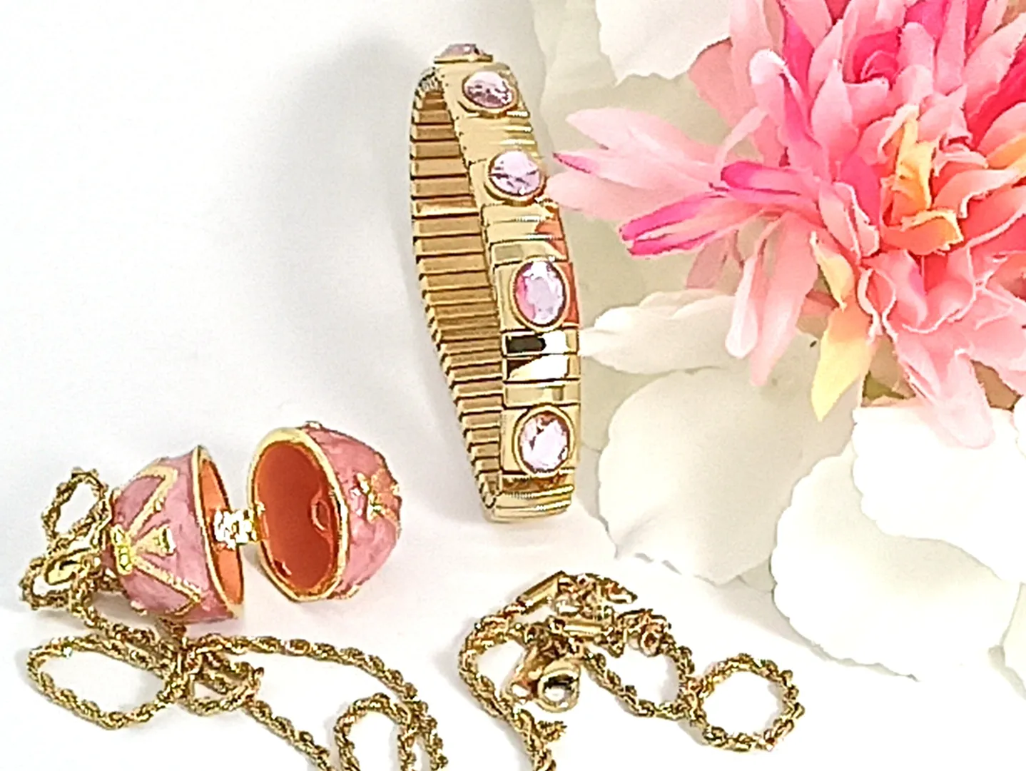 Faberge - 24k Gold Handmade - Faberge Egg Pink Necklaces Set - Fabergé Easter Egg Pendant - Faberge Egg Jewelry for Ladies - Egg Locket Gift