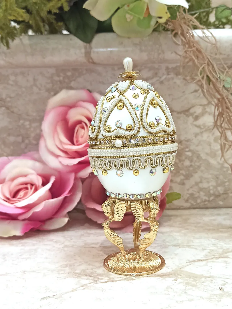 Vintage Faberge Egg Jewelry Box & Silver Faberge Necklace. Natural Handcarved Egg, Pure Gold Deco, Swarovski. Perfect 16th Wedding Anniversary gift for wife.