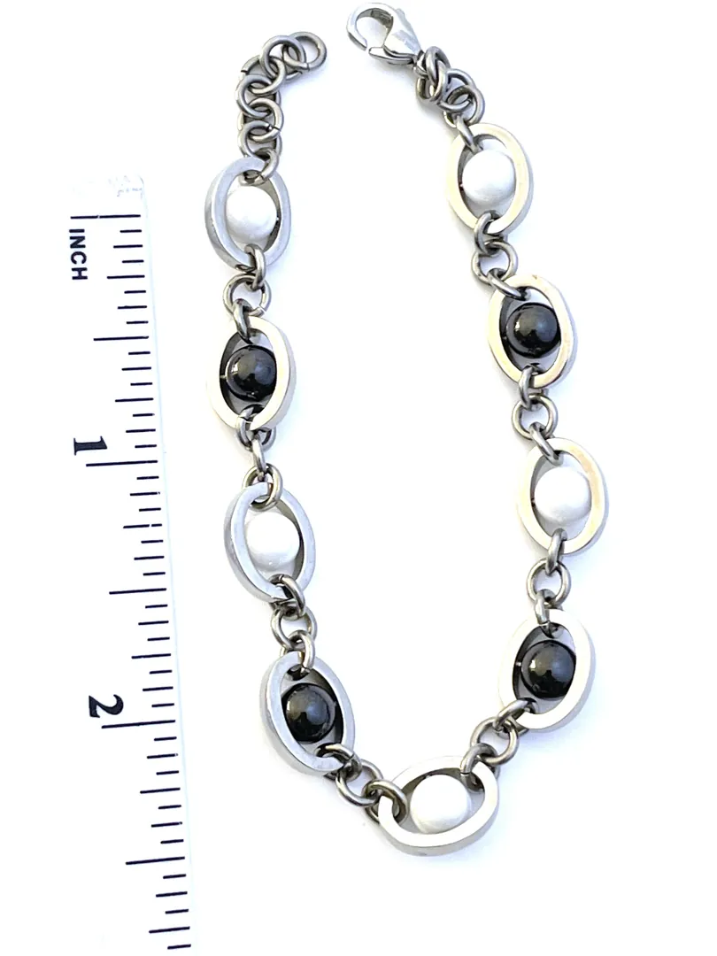 Unisex Handmade Bracelet, Silver White Onyx Jewelry, Black Onyx Bracelet, Evil Protection Jewelry, Protection Bracelet Gift for Couple Christmas.