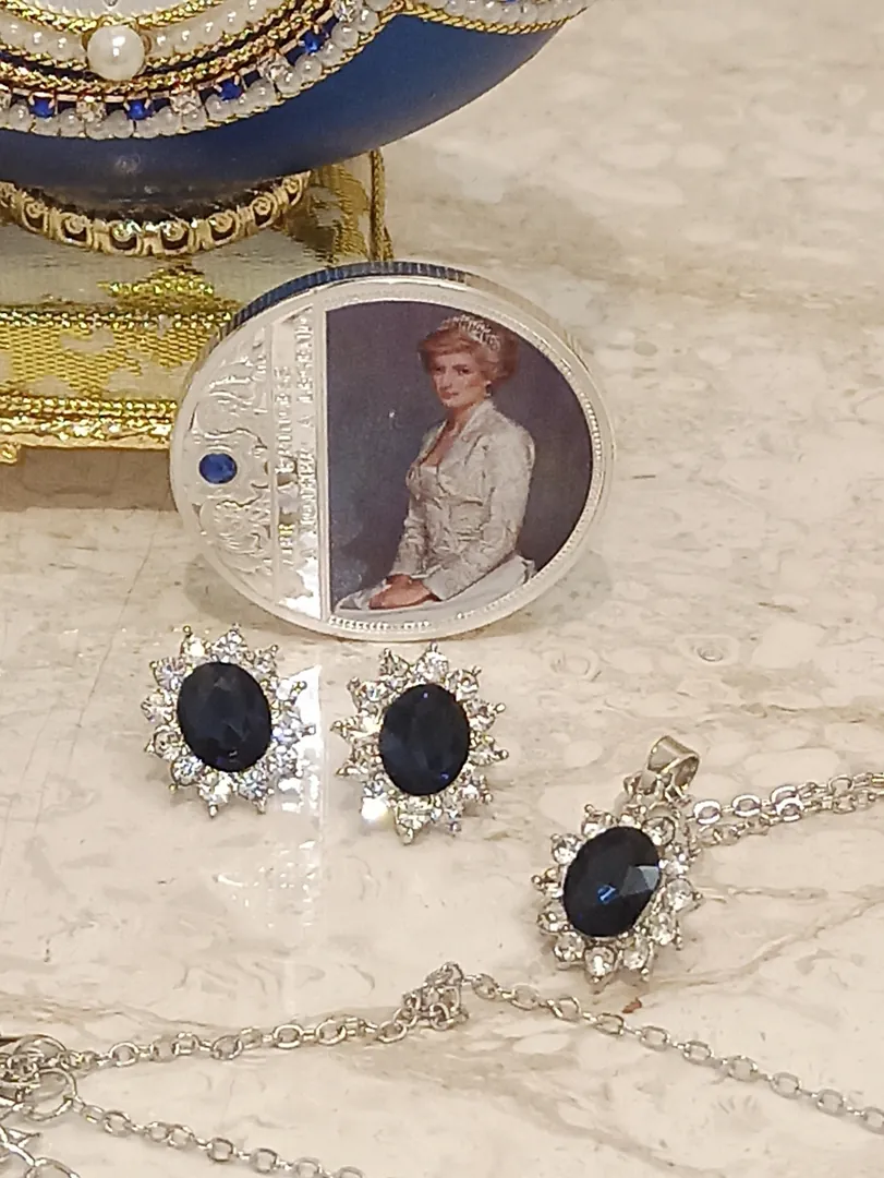 Royal gifts for Her, Princess Diana Jewelry Set, Faberge Egg, Diana Earrings, Diana Necklace, Diana Bracelet, Diana Coin, Faberge Egg Music Box.