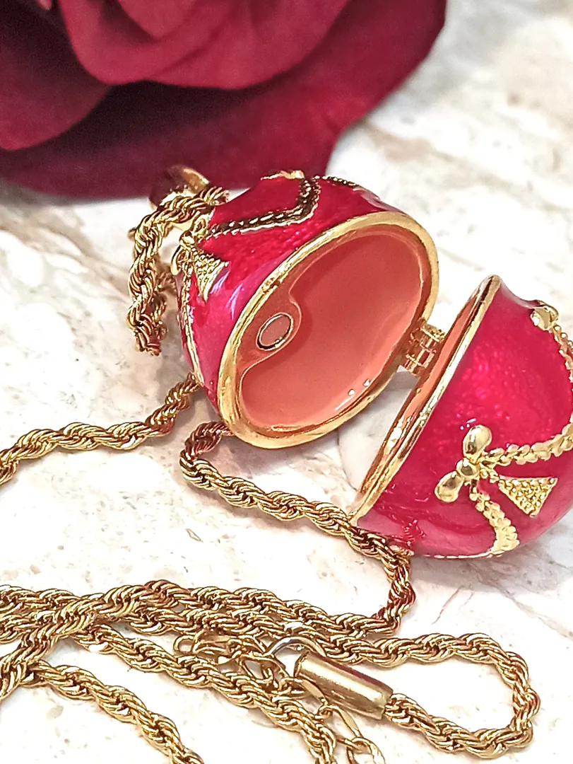 Christmas Jewelry Set, Faberge Egg Necklace & 2ct Ruby Bracelet + Gold Pearl Hair Comb, Xmas Jewelry Gift, Christmas Necklace, Daughter Gift