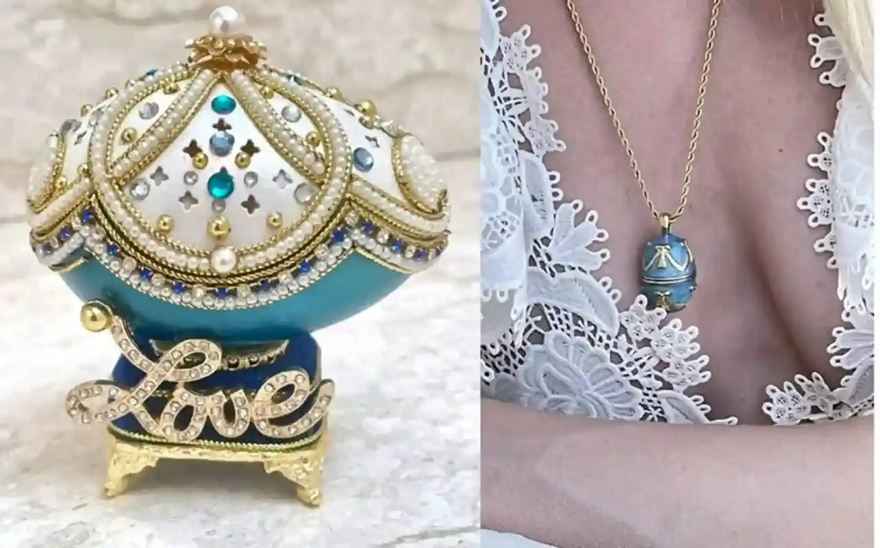 1999 One OfA Kind Faberge-Style egg Blue Trinket & Necklace for Mom 25 year Wedding Anniversary gift for Her 25th Birthday gift for Daughter LOVE 