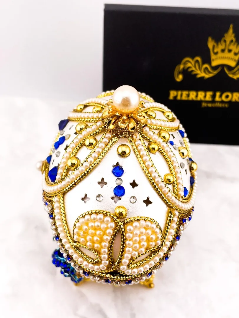 1985 Blue Antique Faberge Egg, Faberge Musical Egg, Collector's Item, Faberge Style Easter Egg, 40th Birthday Gift, Faberge Necklace Set, Gift for Her.
