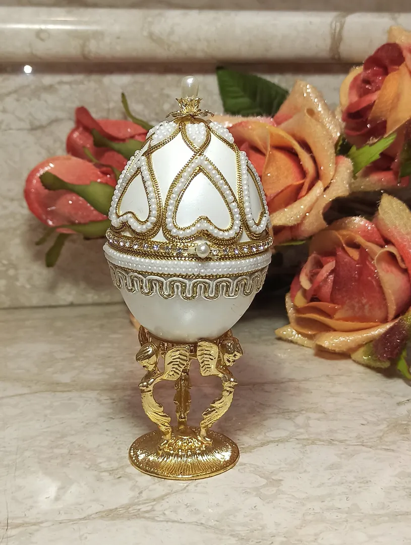 Handmade Faberge Egg Pendant Necklace Fabergé Egg Earrings Set: 18k Yellow Gold Silver Jewelry Austrian Crystal Diamonds Pierre Lorren
