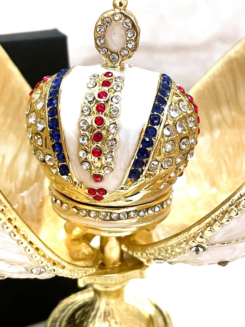 Beige Faberge Box Imperial Crown Hideaway Trinket Faberge Egg 333 Austrian Crystal Diamond PLUS Gold Bracelet Birthday gift for her