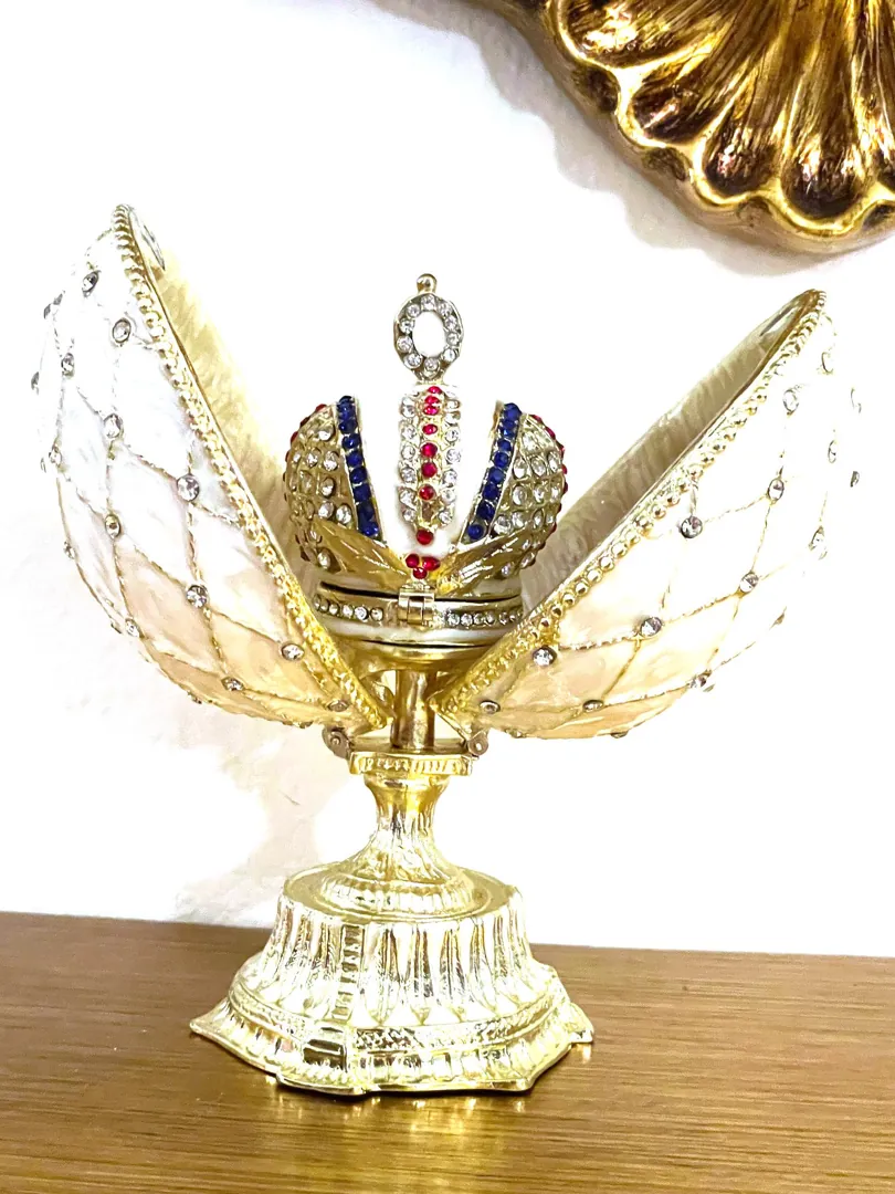 Beige Faberge Box Imperial Crown Hideaway Trinket Faberge Egg 333 Austrian Crystal Diamond PLUS Gold Bracelet Birthday gift for her