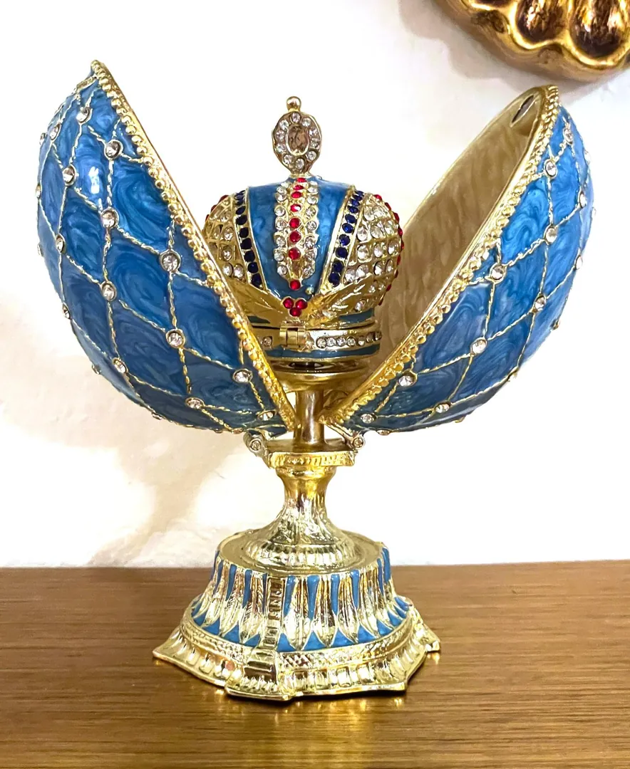 Something Blue Faberge Box Imperial Crown Hideaway Trinket Fabergé Egg 333 Austrian Crystal Diamond PLUS Gold Bracelet Birthday Gift for Her