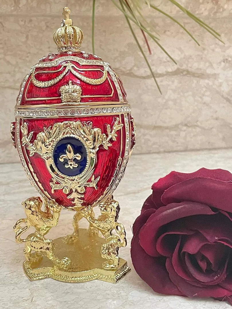 PierreLorren Faberge Egg Designer 5-Star Pure Gold Home Decor Faberge Style Decorative Box & Her Diamond Bracelet Ruby Anniversary Christmas
