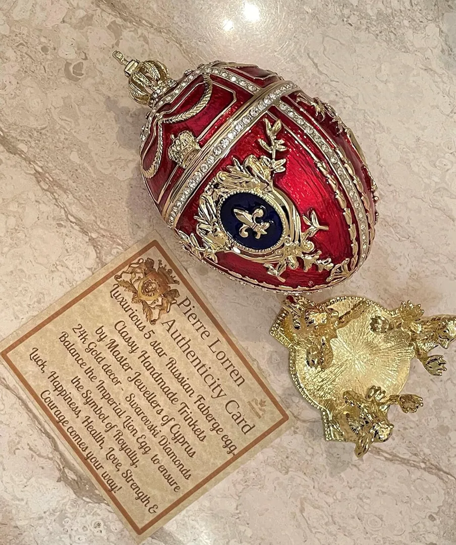 PierreLorren Faberge Egg Designer 5-Star Pure Gold Home Decor Faberge Style Decorative Box & Her Diamond Bracelet Ruby Anniversary Christmas