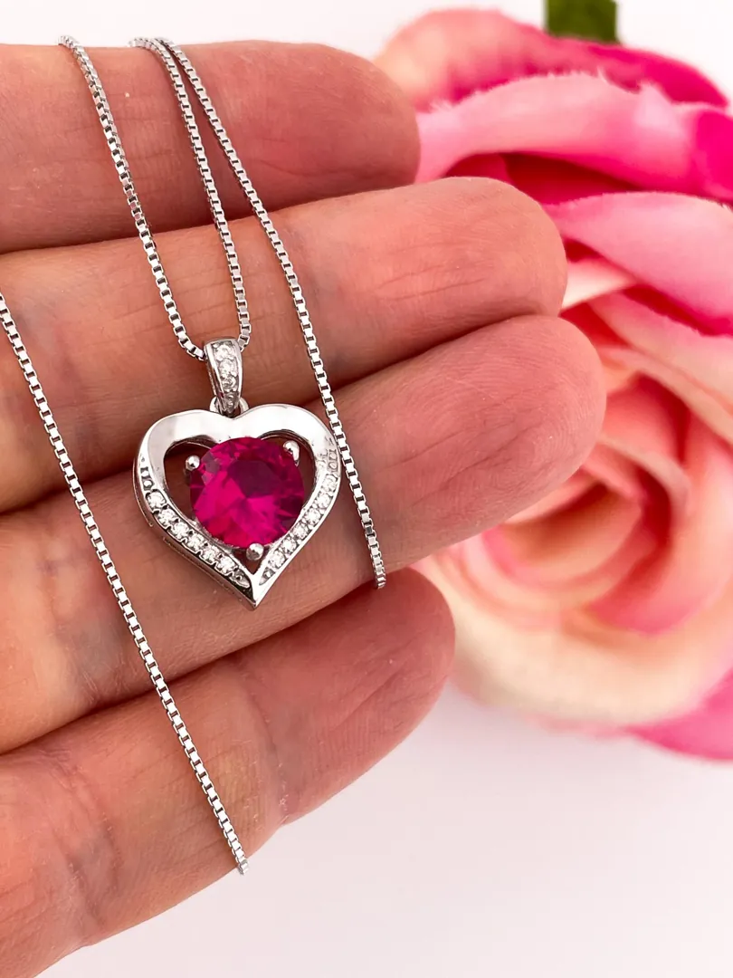 2ct Certified Heart Ruby Diamond Pendant Ruby Solitaire Gold Necklace 18k White Gold Silver Women Birthday Gift for Her Christmas.