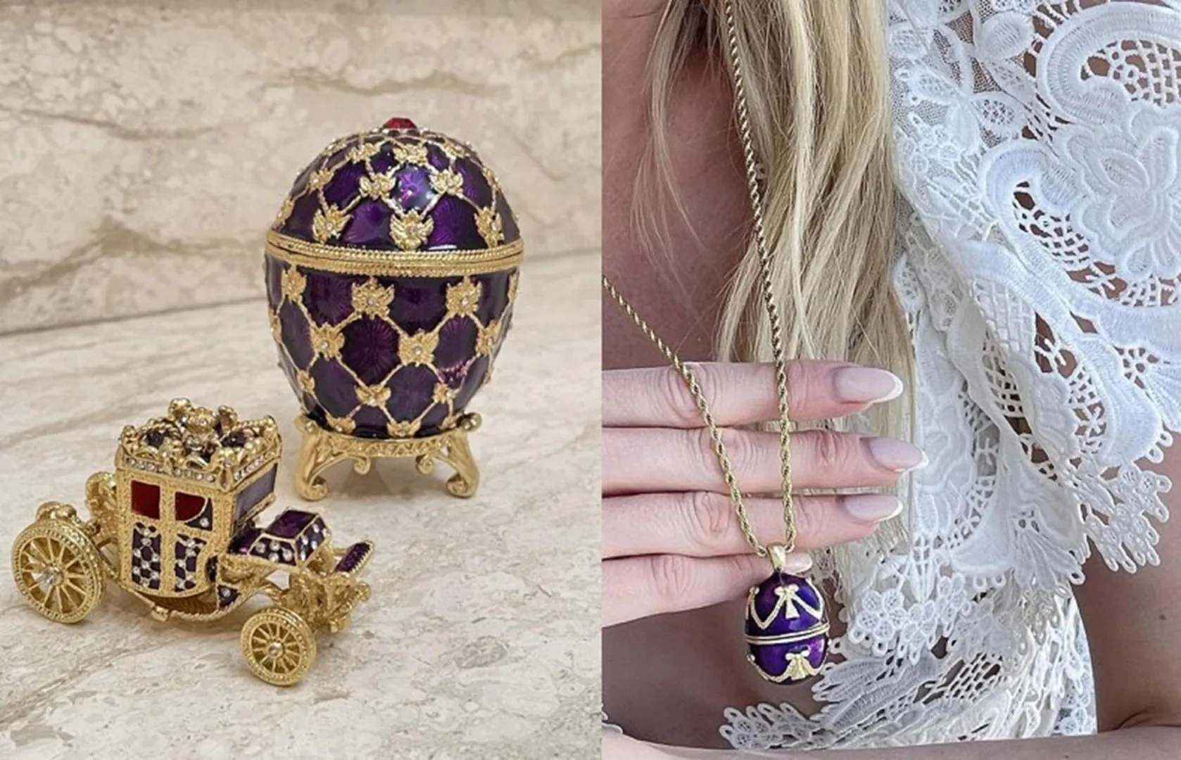 Amethyst Faberge Egg Carriage Trinket Box Faberge Necklace Austrian Crystal Jewelry Box Set Faberge Ornament Wife Jewelry Box Fabergé Style