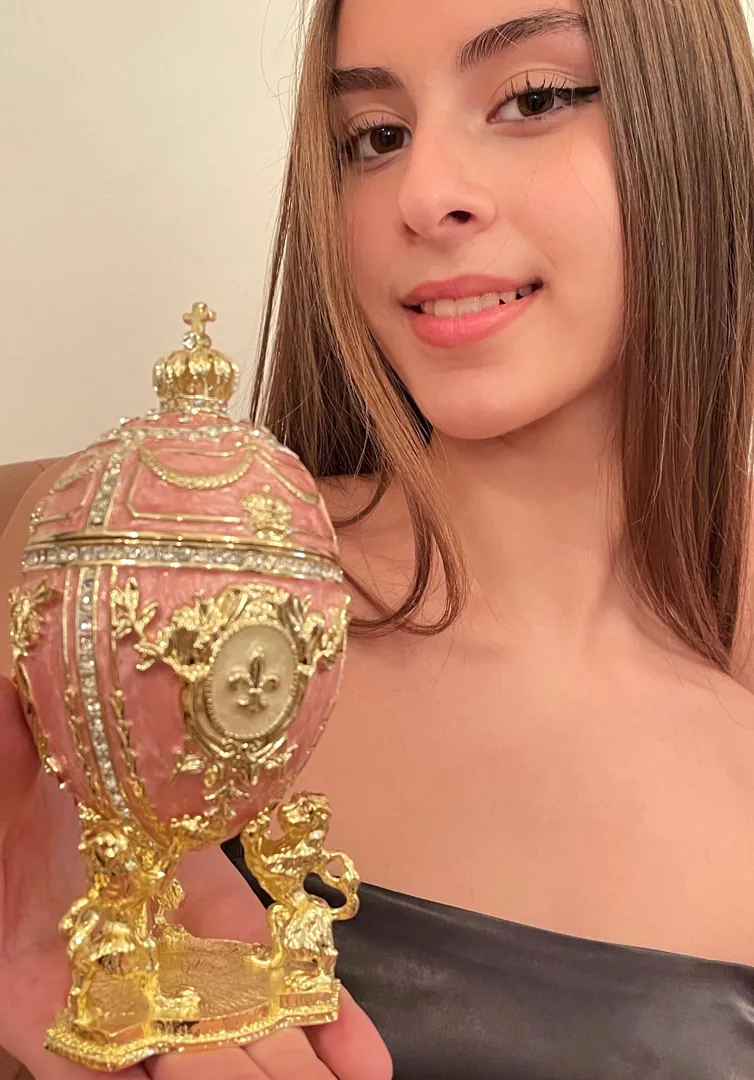Exquisite 5 Star Fabergé egg, hand-painted in the Imperial Fabergé egg style, featuring 24k gold and Swarovski elements. Ideal Valentine's Day gift for your girlfriend or a graduation present for her.