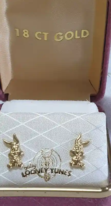 18kt Disney Earrings Studs Gift for Girls SOLID GOLD Bugs Bunny Looney Tunes/Girls Gold Earrings ORIGINAL Disney Cartoon Characters Gifts 