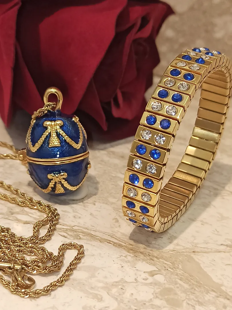 FABERGE Egg Pendant Bracelet Necklace SET Something Blue Jewelry for Wedding Gift Bride Bridesmaid Jewelry HANDMADE 24k Gold Bracelet 2ct