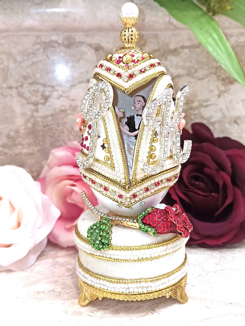 Luxury Wedding Gift, Faberge Egg Style Personalized, 24K Gold, Ruby Anniversary, 5ct, Faberge Music Box, Wedding Ornament, Handcarved, Faberge.